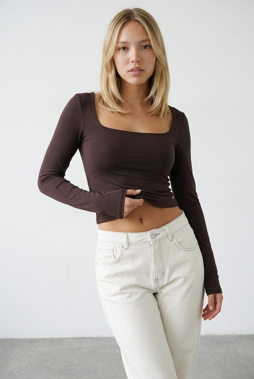 Brown Long Sleeve Slim Fit Scoop Neck Top