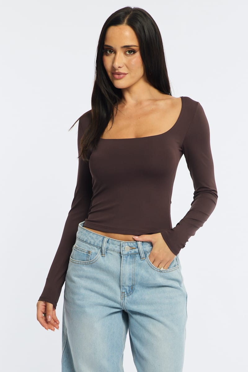 Brown Long Sleeve Slim Fit Scoop Neck Top