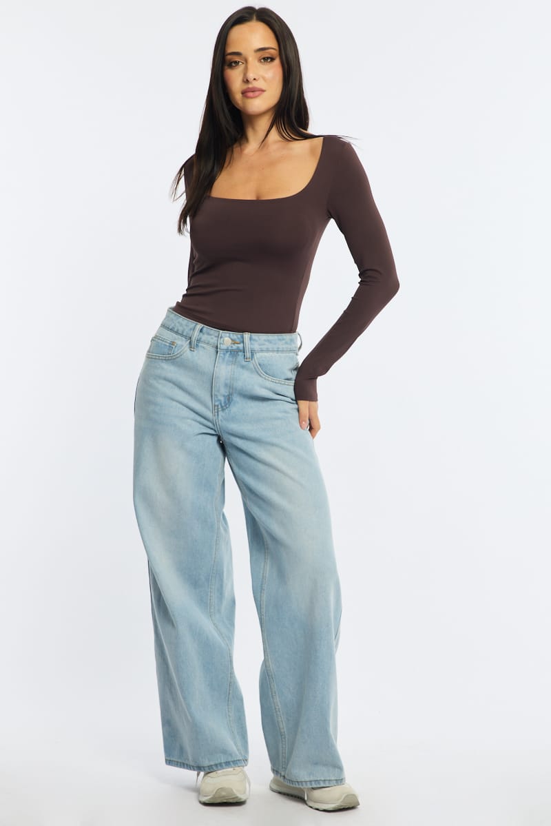 Brown Long Sleeve Slim Fit Scoop Neck Top
