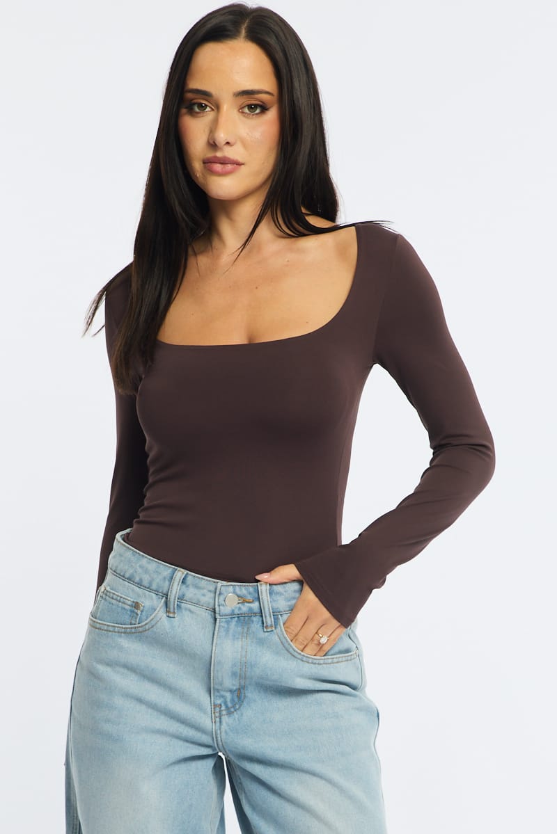 Brown Long Sleeve Slim Fit Scoop Neck Top