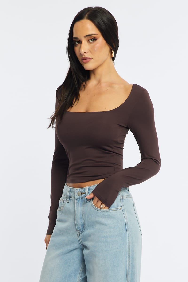 Brown Long Sleeve Slim Fit Scoop Neck Top
