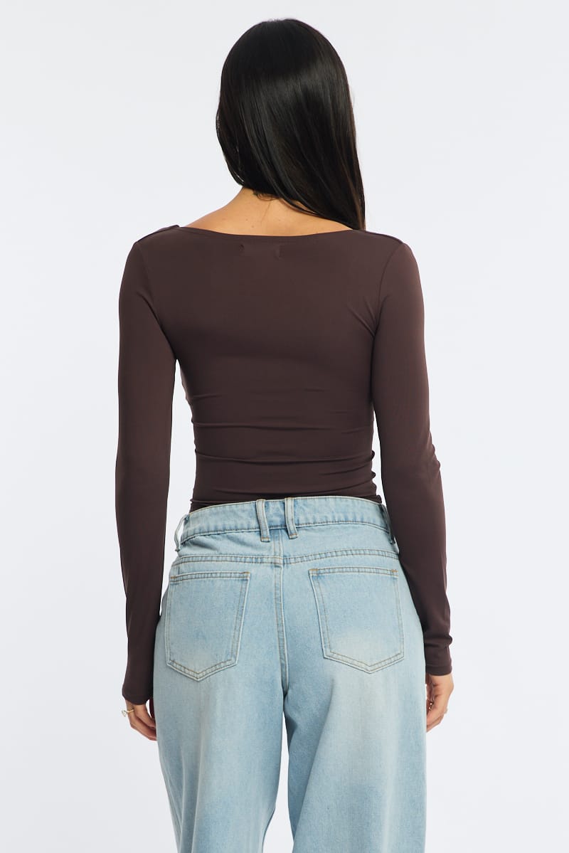 Brown Long Sleeve Slim Fit Scoop Neck Top