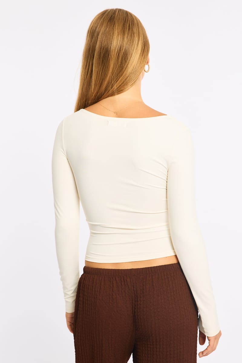 White Long Sleeve Slim Fit Scoop Neck Top