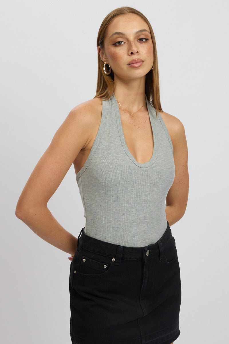 Grey Halter Bodysuit Rib