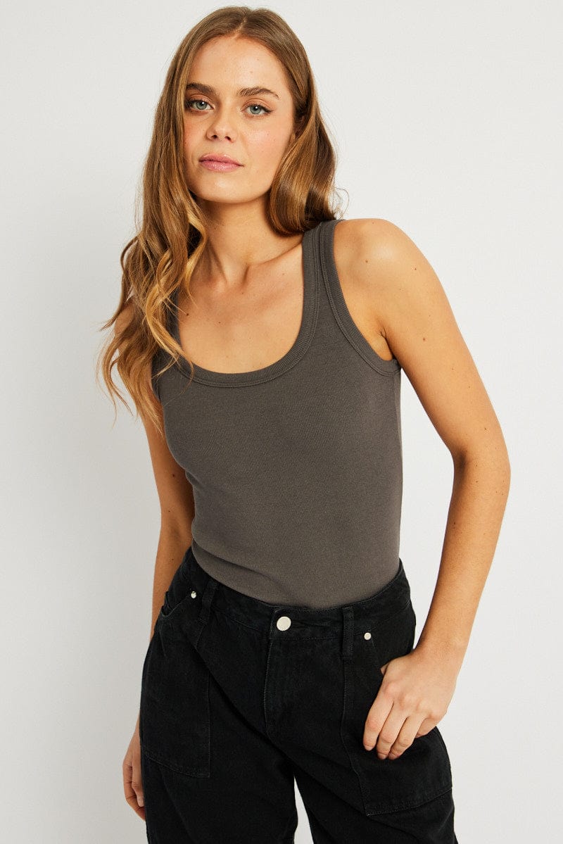 Grey Tank Top Top Contrast Stitch