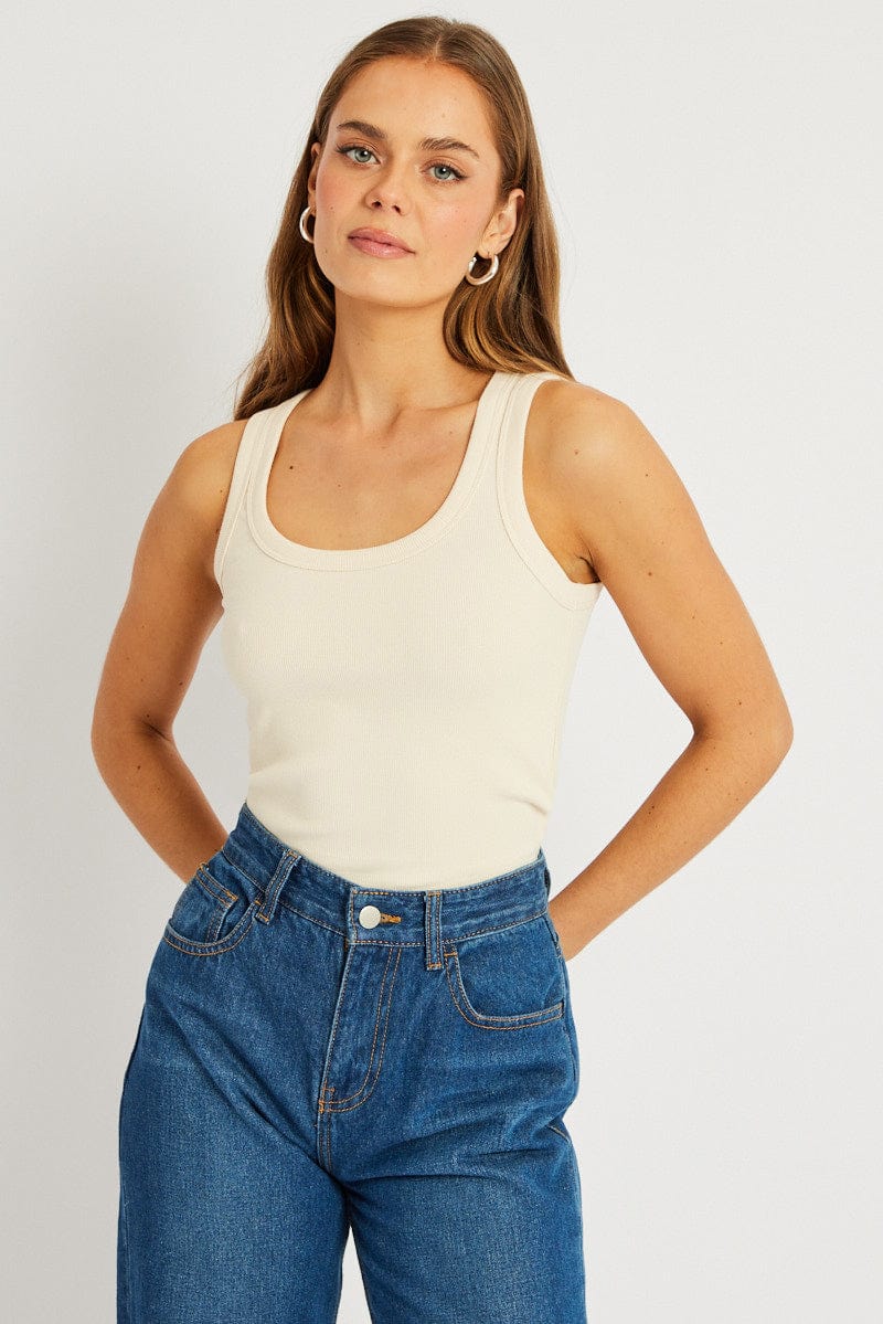 White Tank Top Top Contrast Stitch