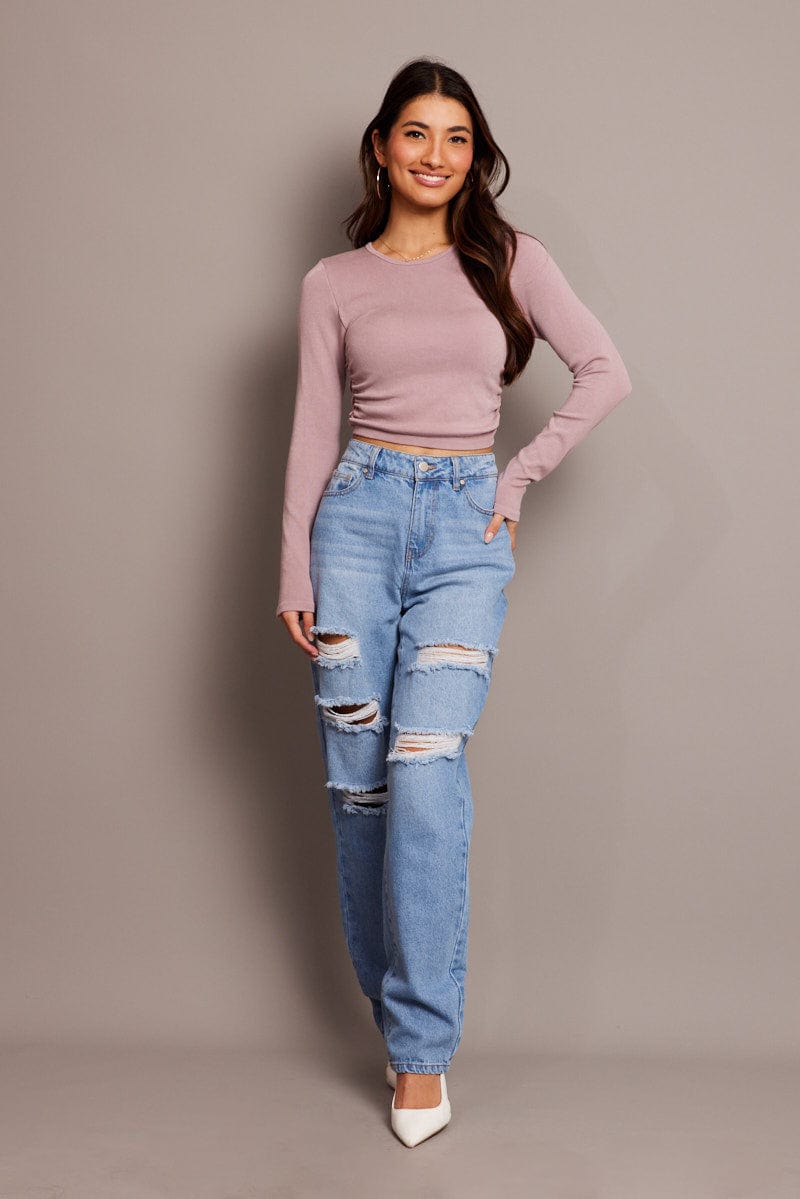 Purple Seamless Top Long Sleeve Side Ruched