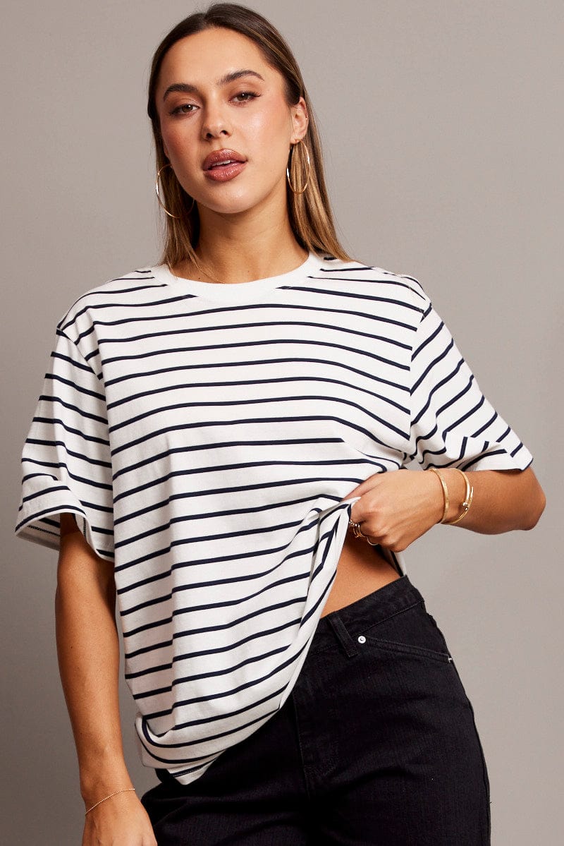 White Stripe Oversized T Shirt Short Sleeve Crew