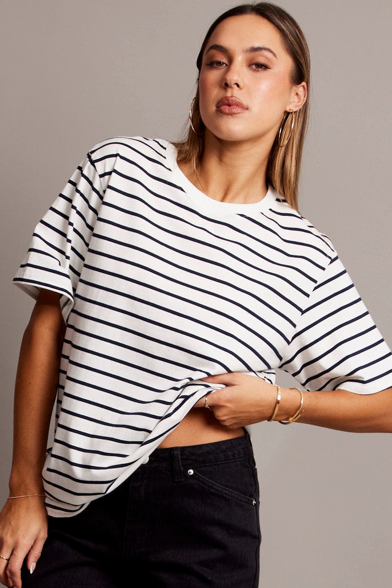 White Stripe Oversized T Shirt Short Sleeve Crew