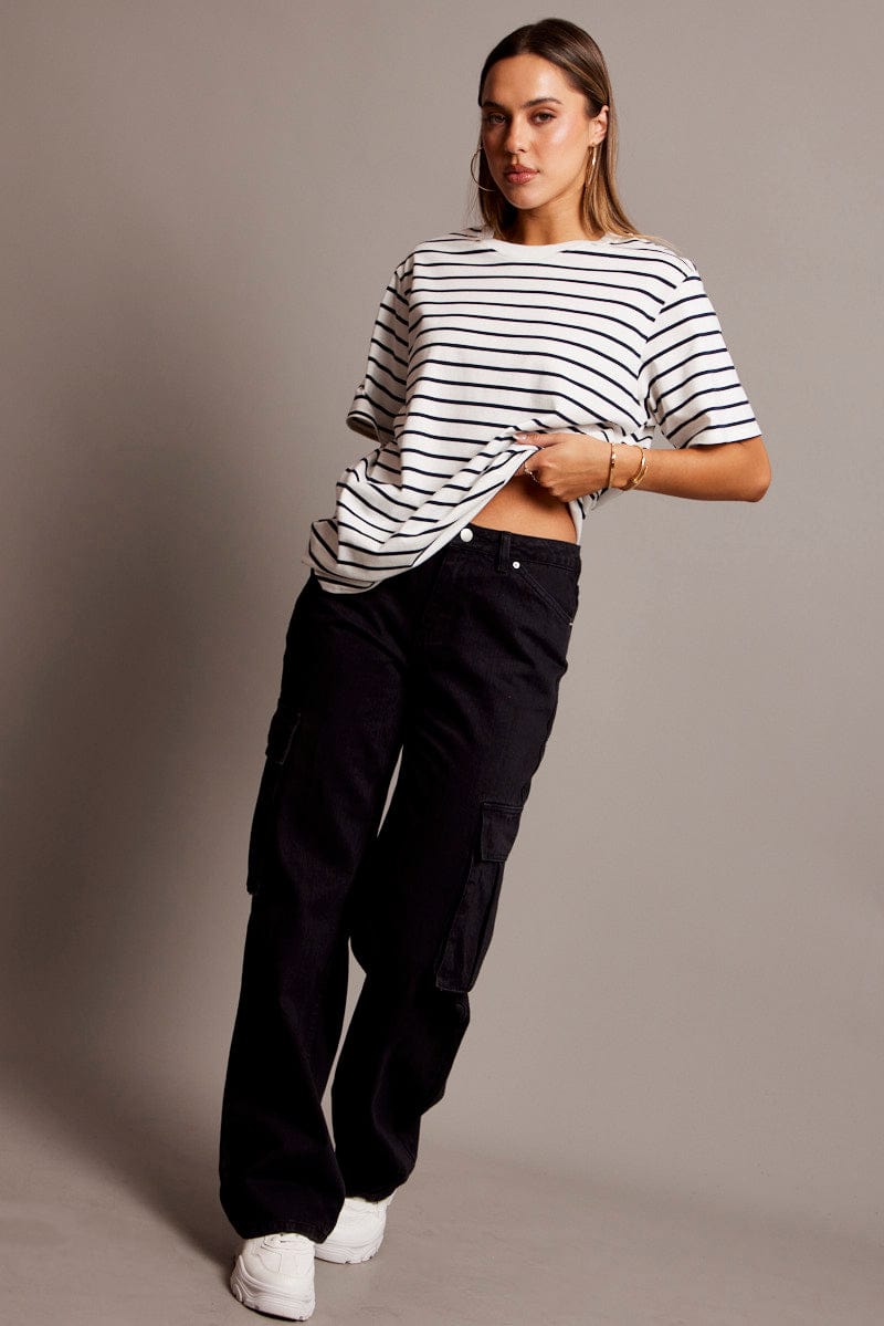 White Stripe Oversized T Shirt Short Sleeve Crew
