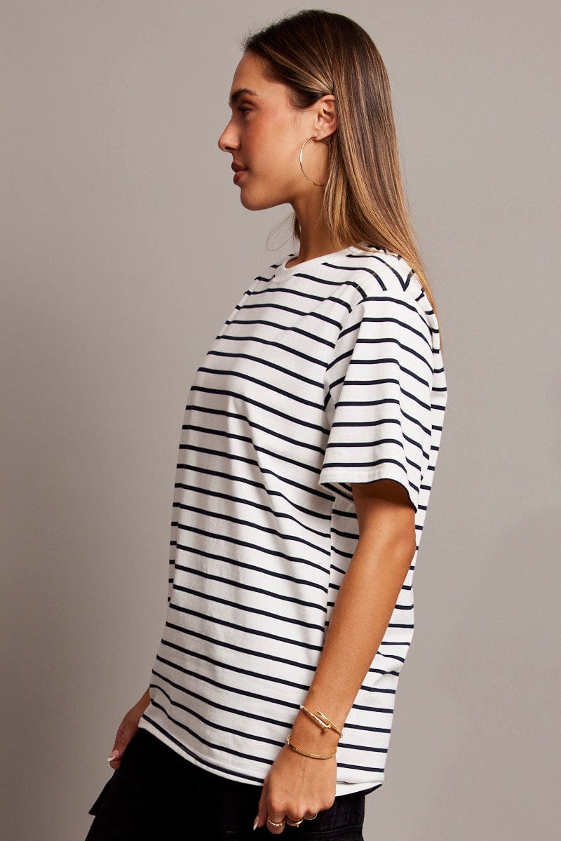 White Stripe Oversized T Shirt Short Sleeve Crew
