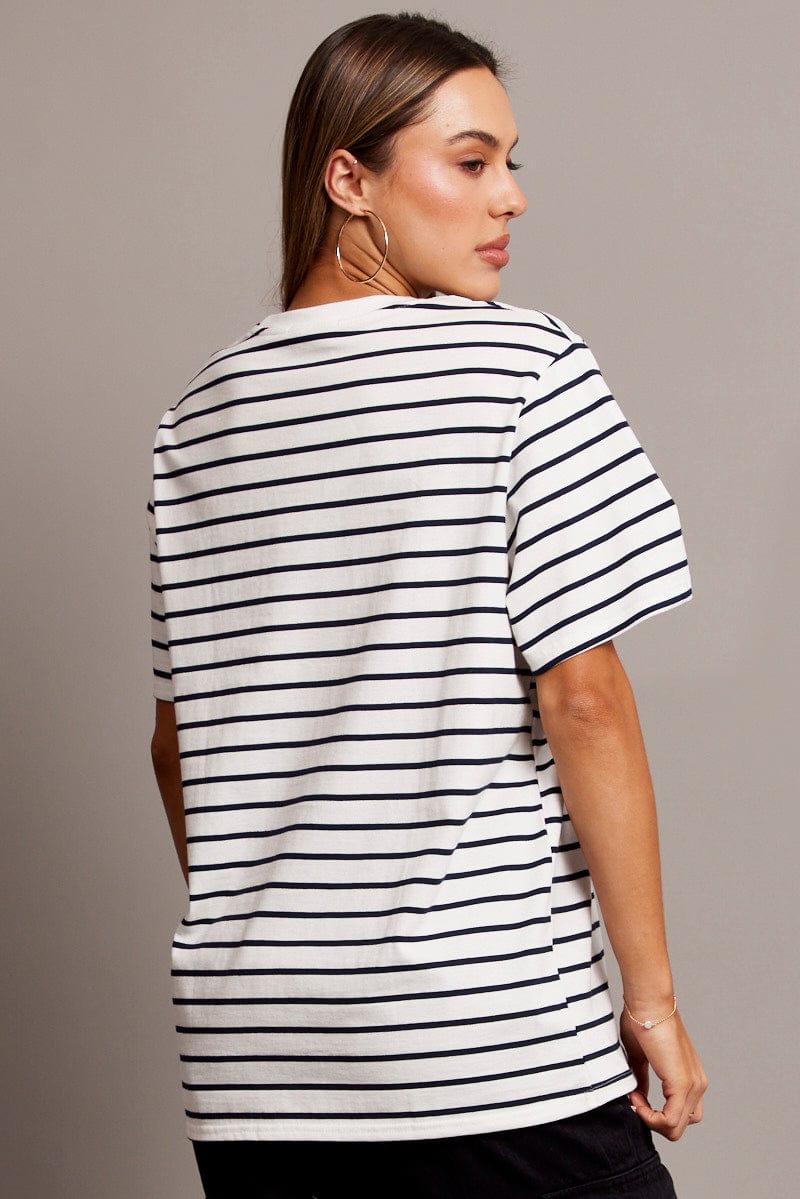White Stripe Oversized T Shirt Short Sleeve Crew
