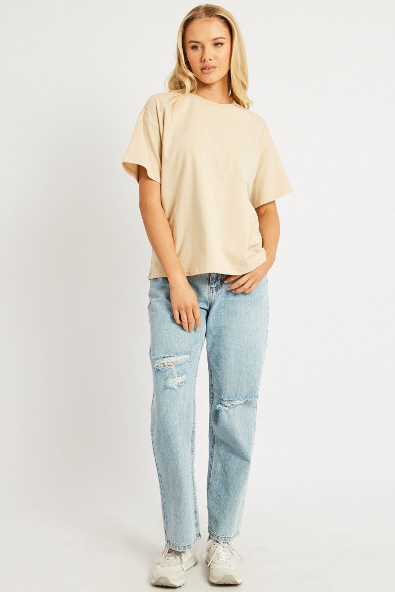 Beige Oversized T Shirt Short Sleeve Crew Neck