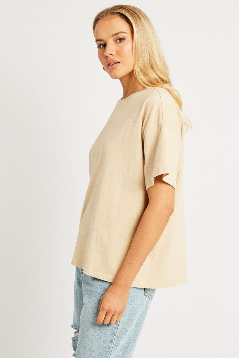 Beige Oversized T Shirt Short Sleeve Crew Neck