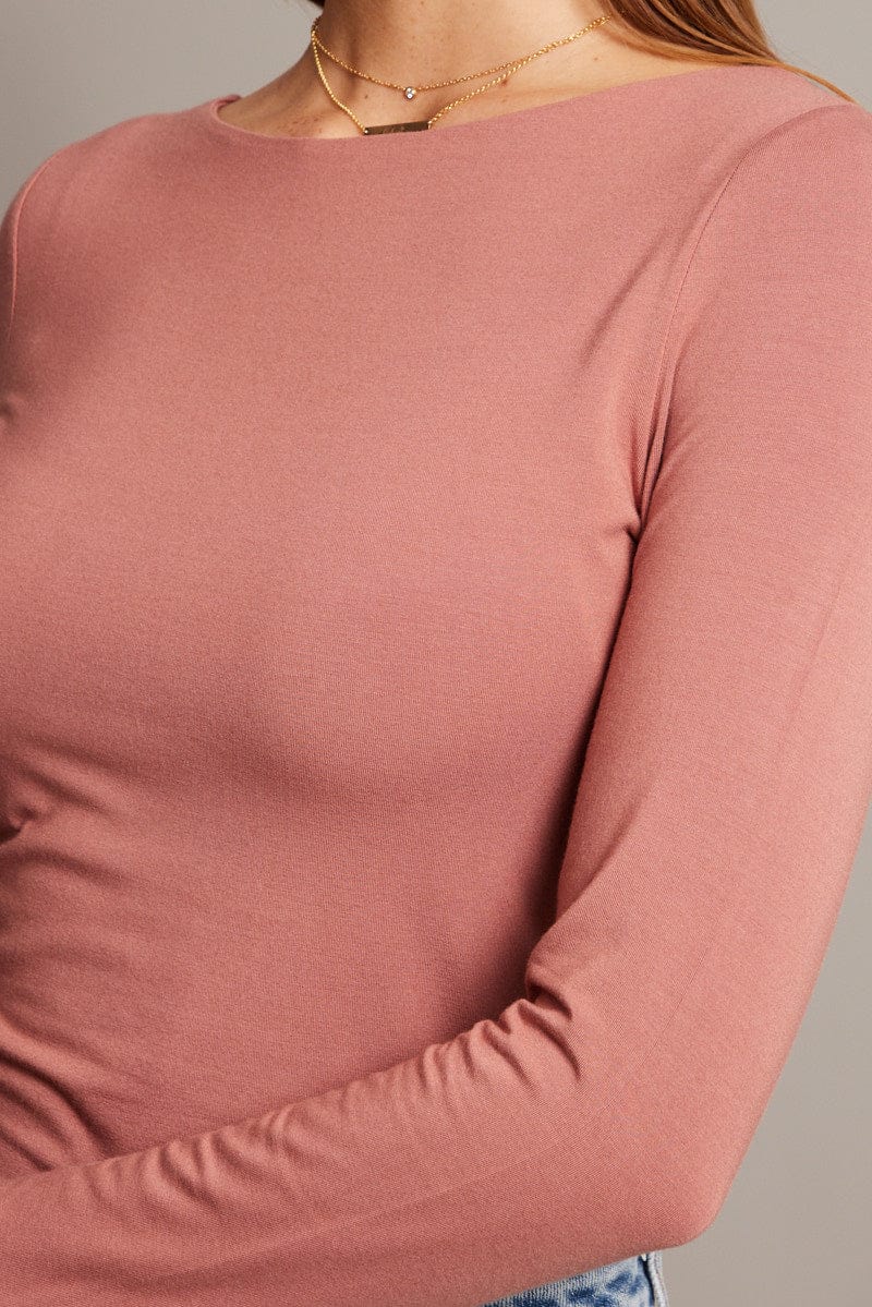 Pink Top Long Sleeve Boat Neck Modal