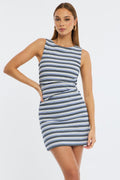 Blue Stripe Striped Mini Dress Crew Neck Sleeveless