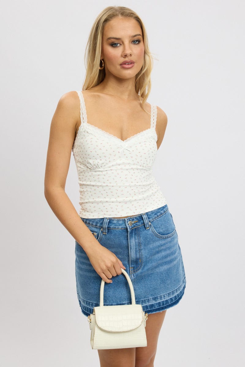 Red Floral Tank Top V Neck Lace Trim