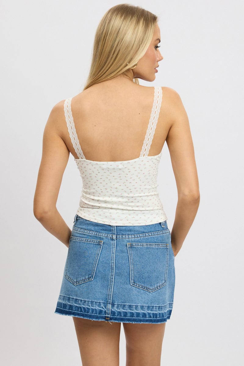 Red Floral Tank Top V Neck Lace Trim