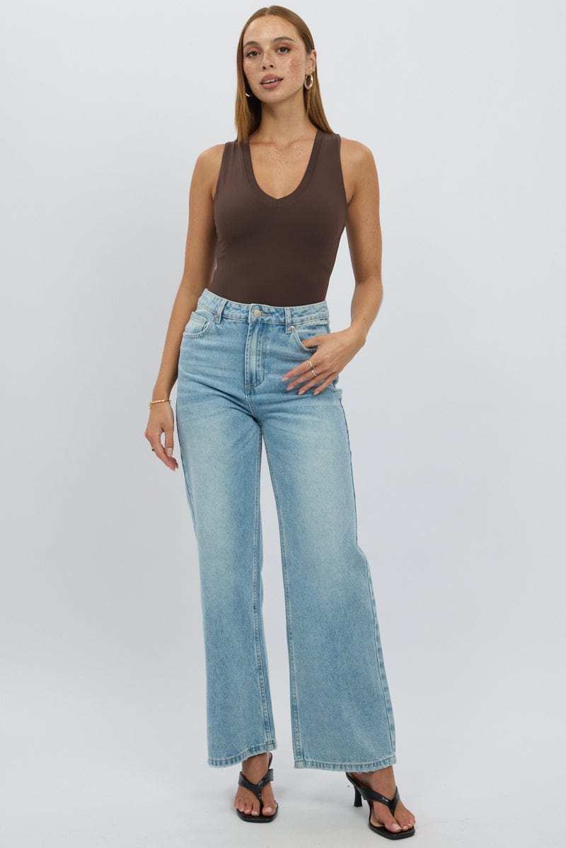 Brown Bodysuit Sleeveless V Neck