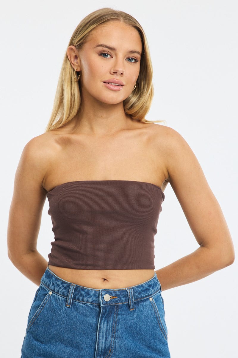 Brown Bandeau Top Sleeveless Strapless Rib
