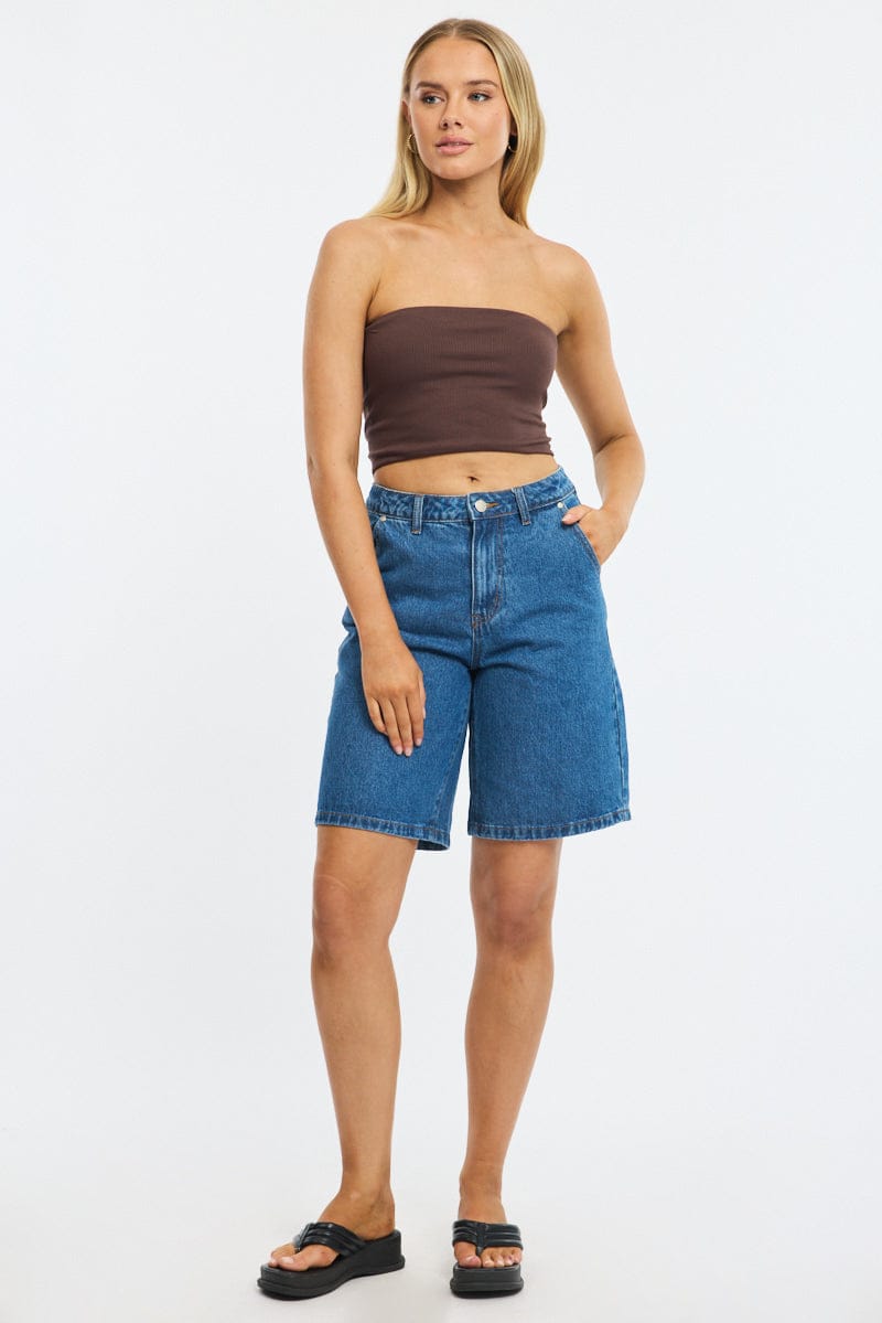 Brown Bandeau Top Sleeveless Strapless Rib