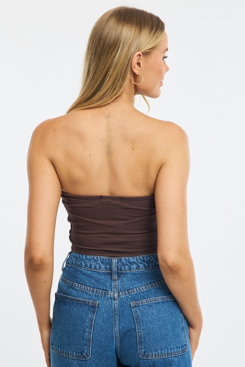 Brown Bandeau Top Sleeveless Strapless Rib