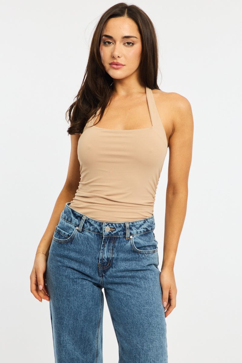 Beige Halter Neck Bodysuit