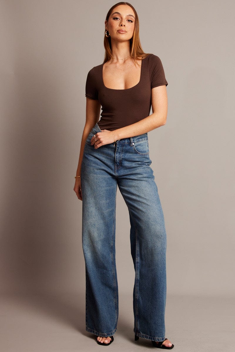 Brown Bodysuit Short Sleeve Square Neck Modal