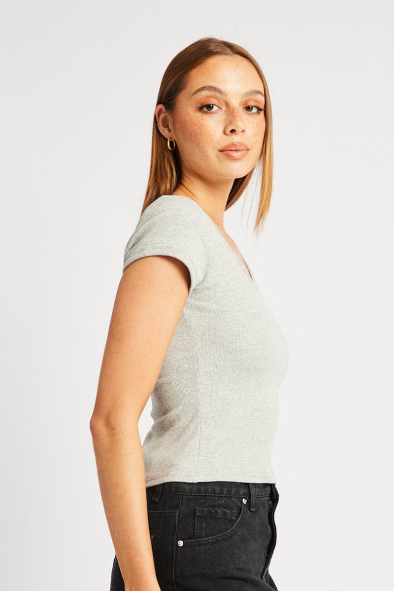 Grey T Shirt Short Sleeve V Neck