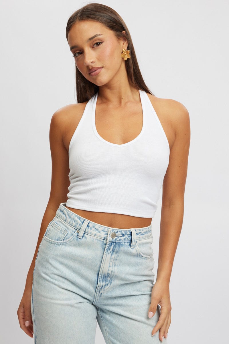 White Halter Top Sleeveless Rib