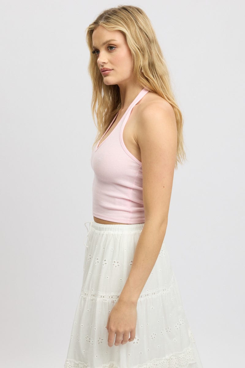 Pink Halter Top Sleeveless Rib