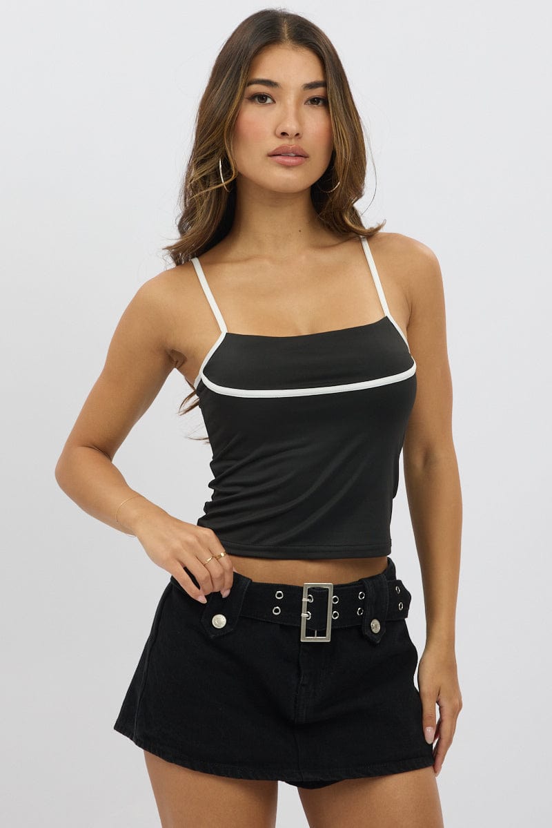 Black Tank Top Top Contrast Piping