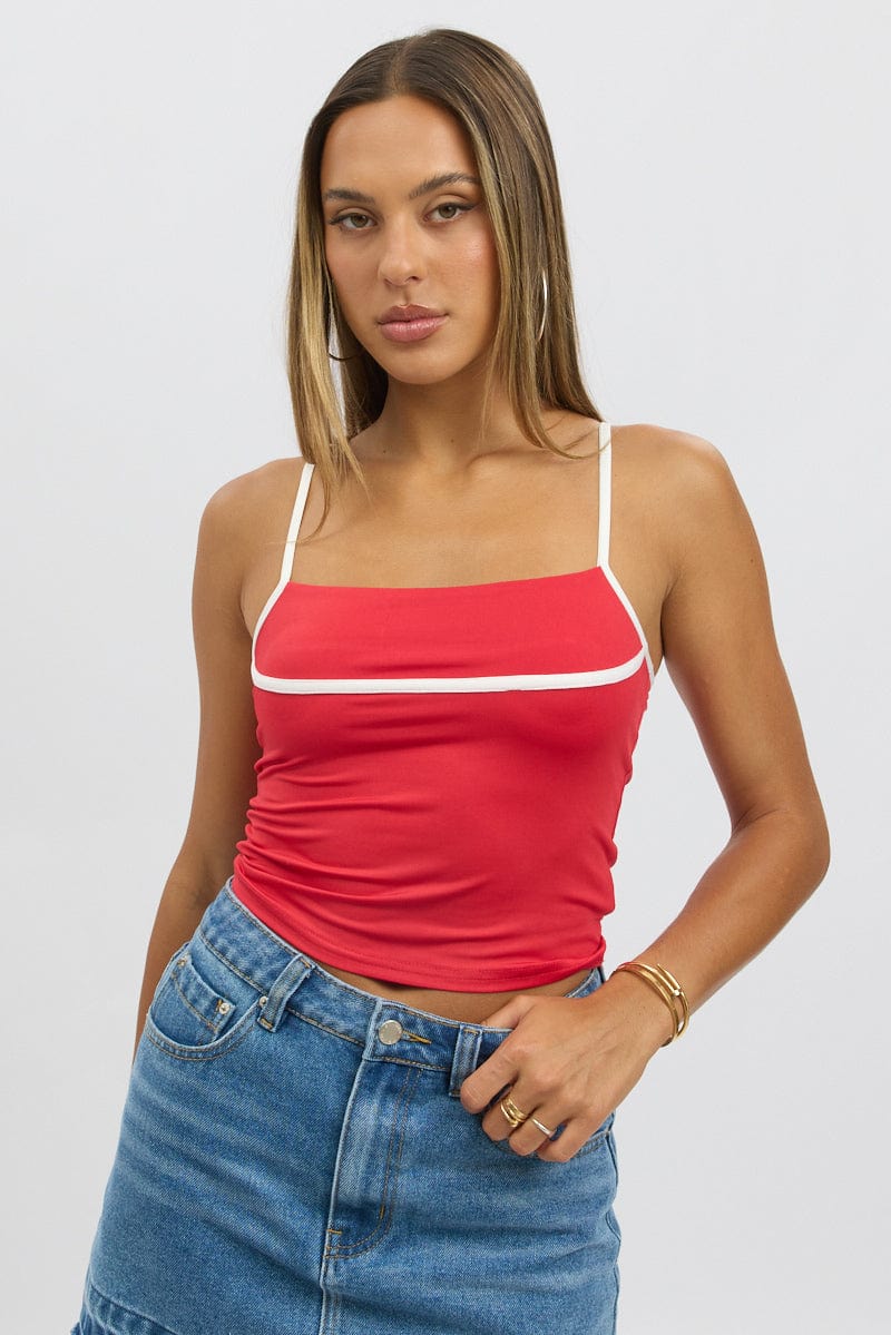Red Tank Top Top Contrast Piping