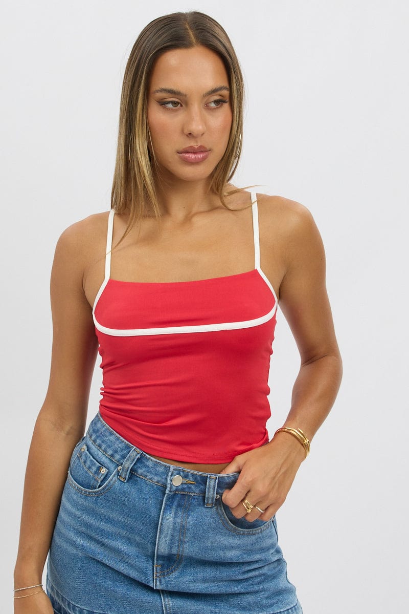 Red Tank Top Top Contrast Piping