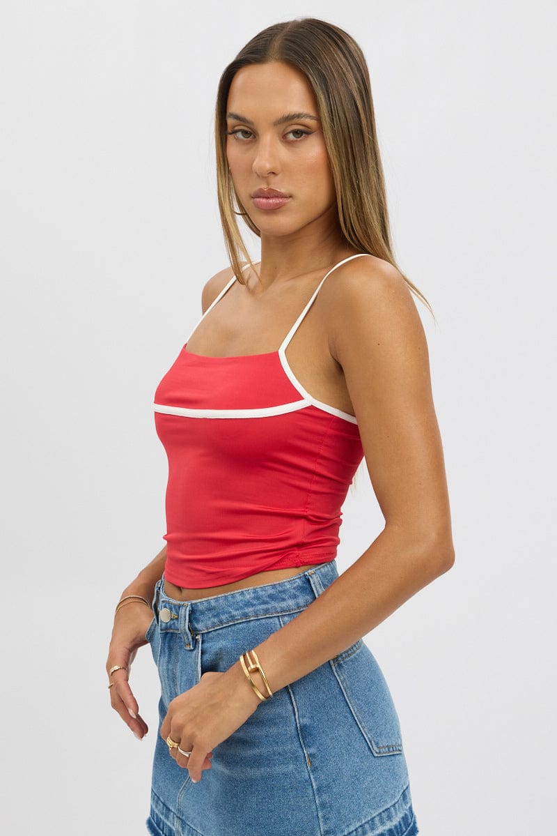 Red Tank Top Top Contrast Piping