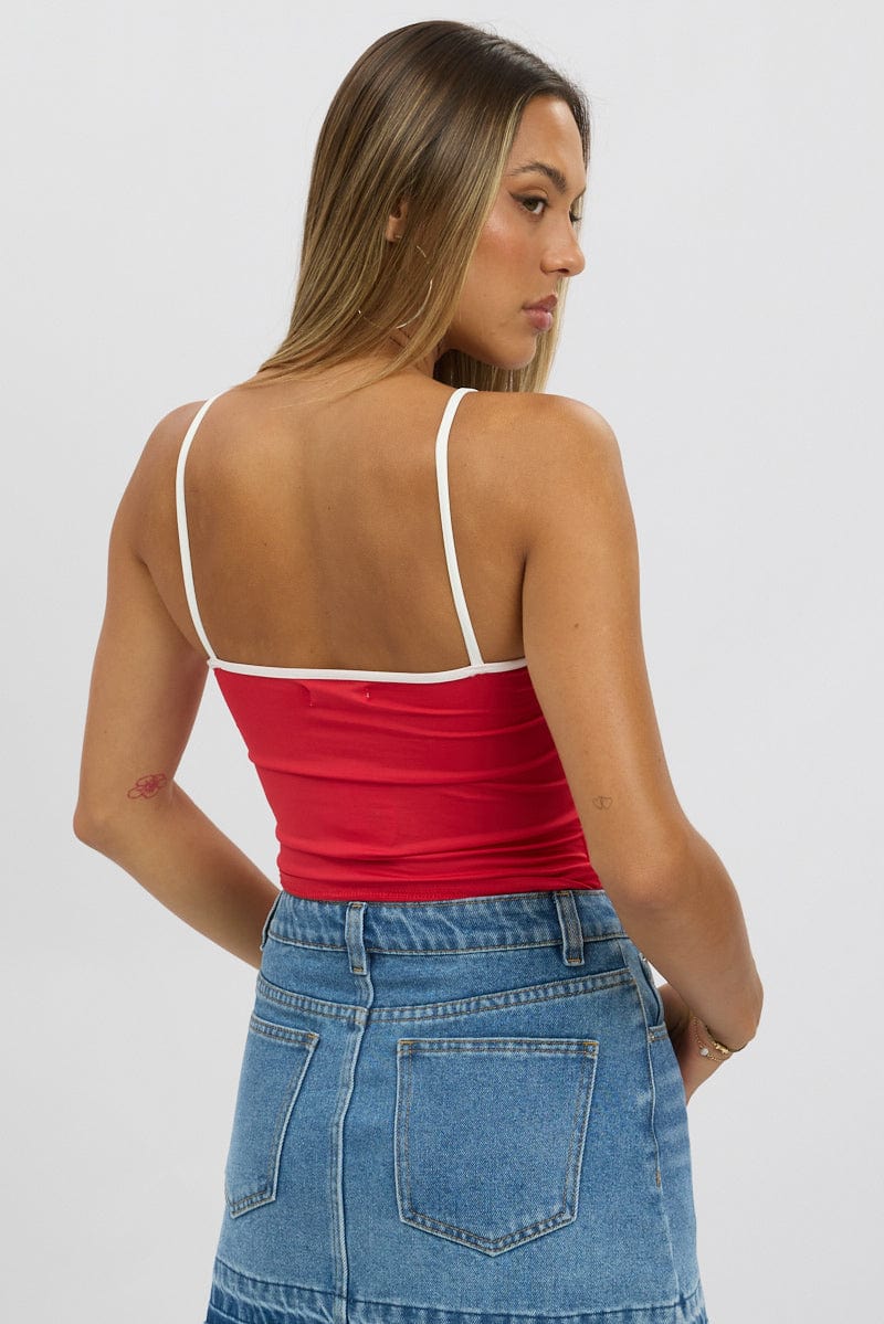 Red Tank Top Top Contrast Piping