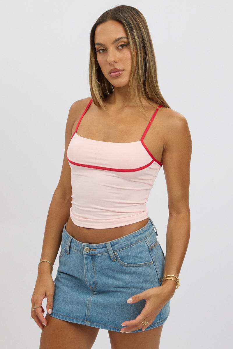 Pink Tank Top Top Contrast Piping