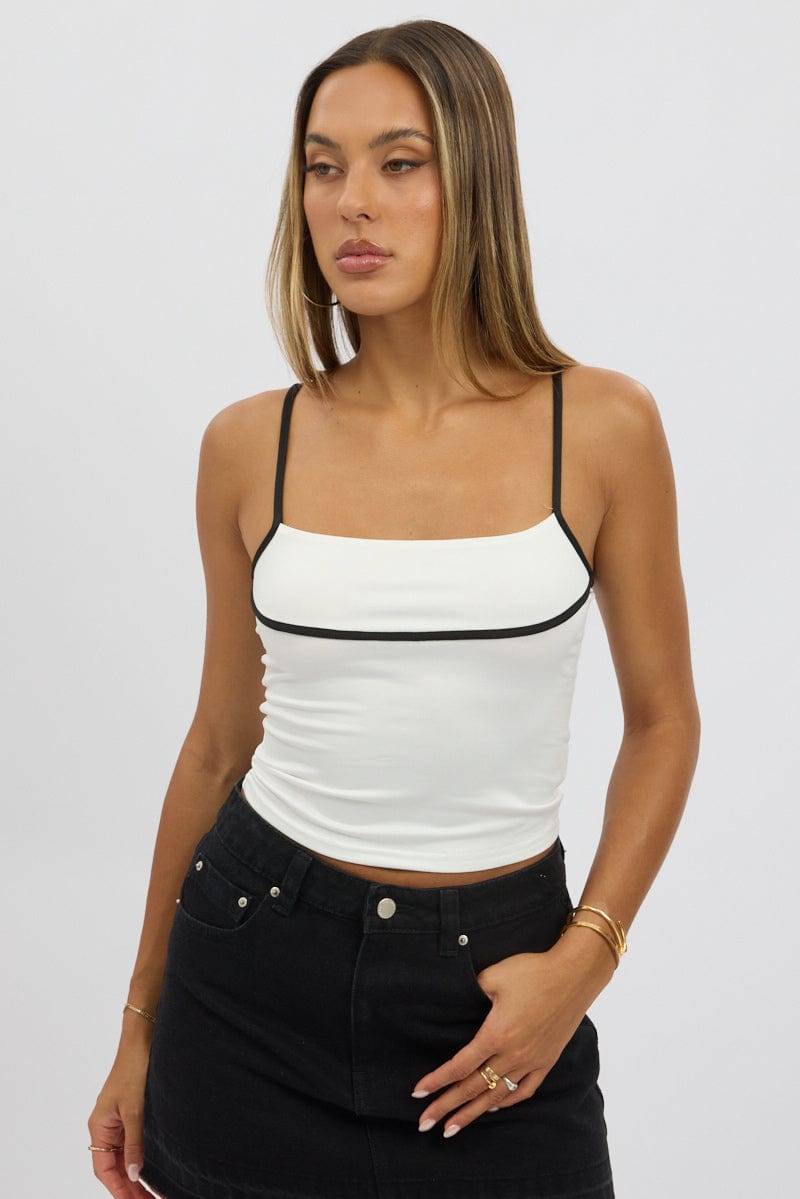 White Tank Top Top Contrast Piping