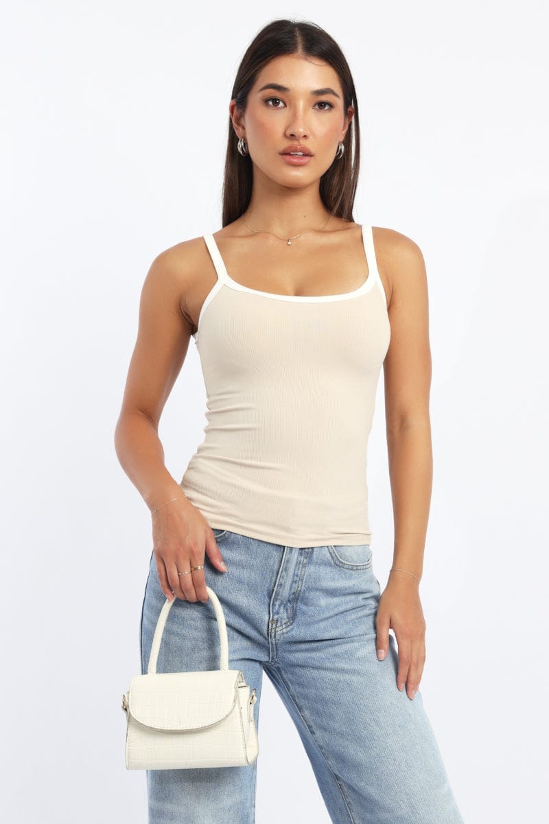 Beige Tank Top Sleeveless Rib