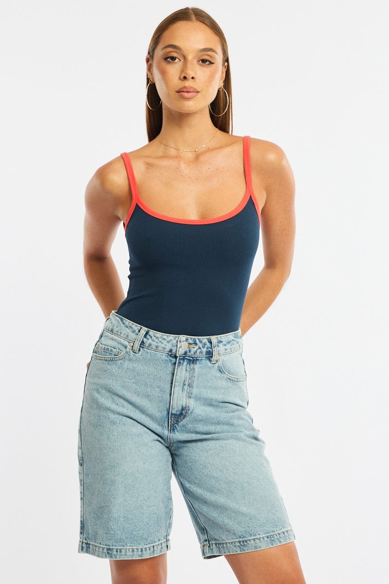 Blue Tank Top Sleeveless Rib