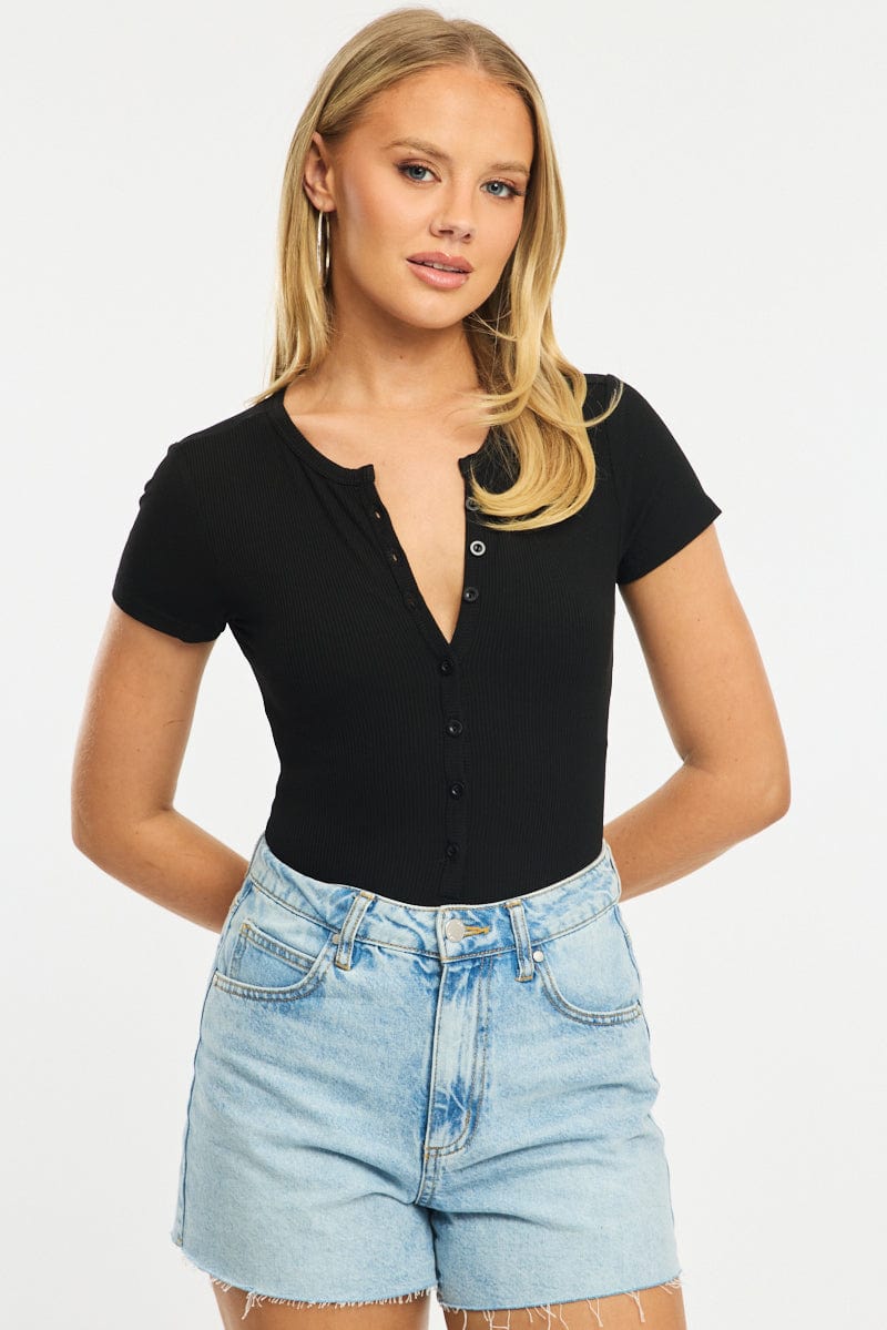 Black Bodysuit Short Sleeve Button Front Rib