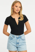Black Bodysuit Short Sleeve Button Front Rib