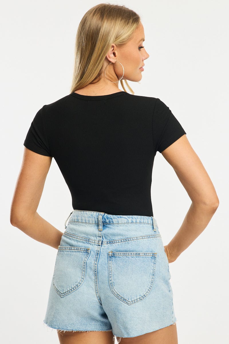 Black Bodysuit Short Sleeve Button Front Rib