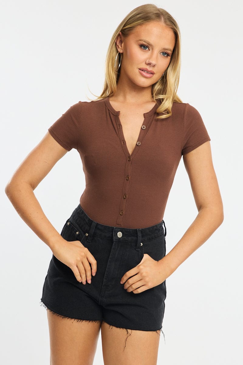 Brown Bodysuit Short Sleeve Button Front Rib