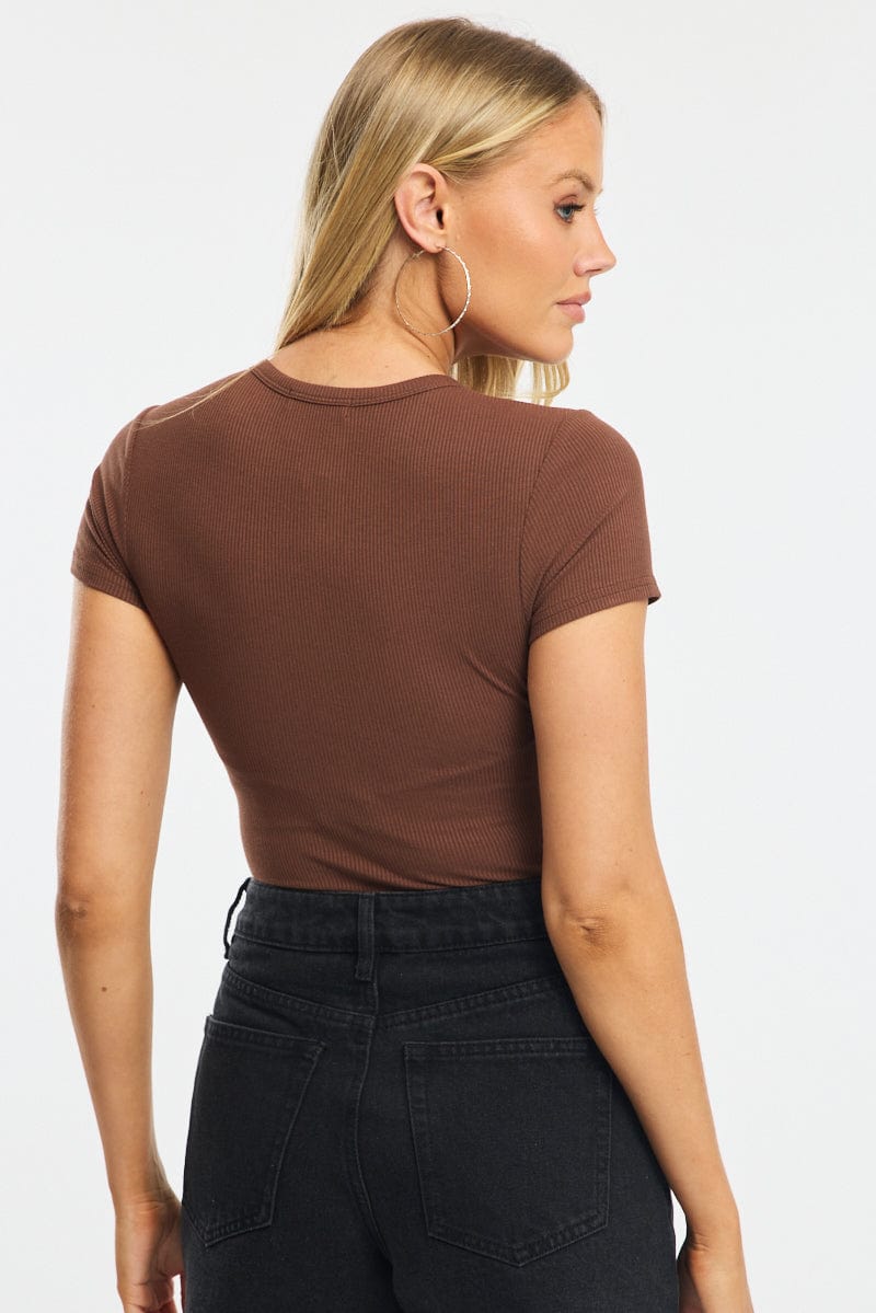 Brown Bodysuit Short Sleeve Button Front Rib