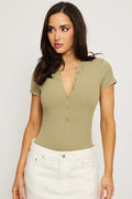 Green Bodysuit Short Sleeve Button Front Rib