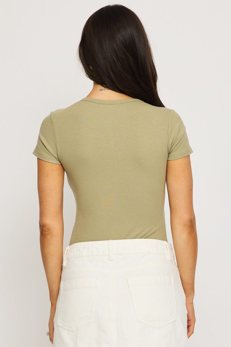 Green Bodysuit Short Sleeve Button Front Rib