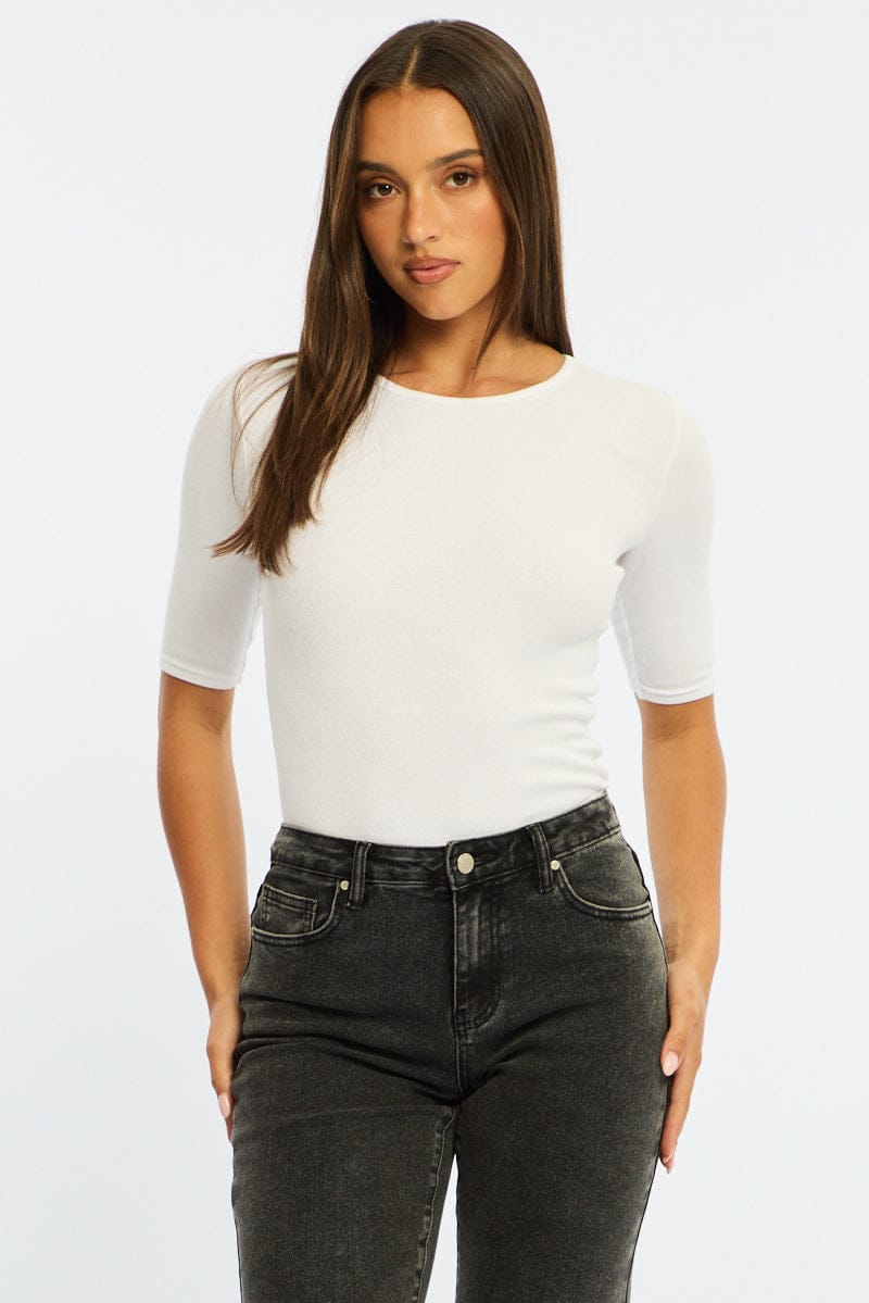 White 3/4 Length Sleeve Rib Tshirt