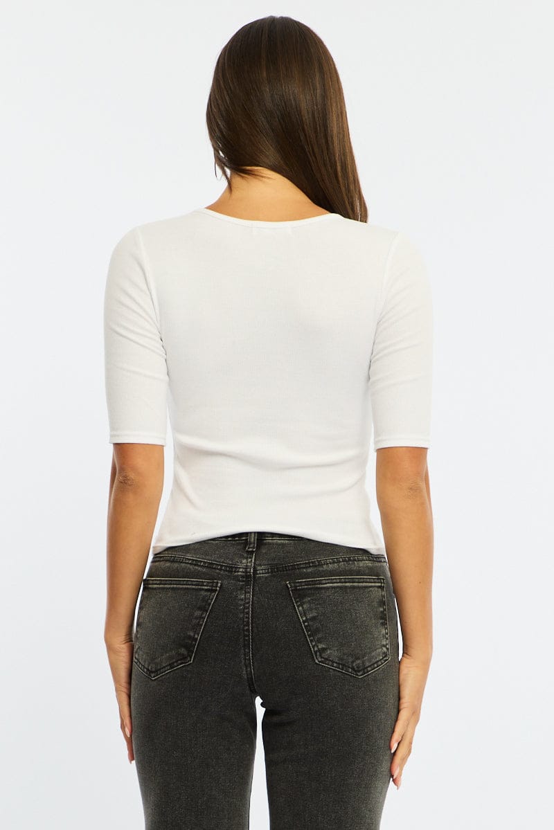 White 3/4 Length Sleeve Rib Tshirt