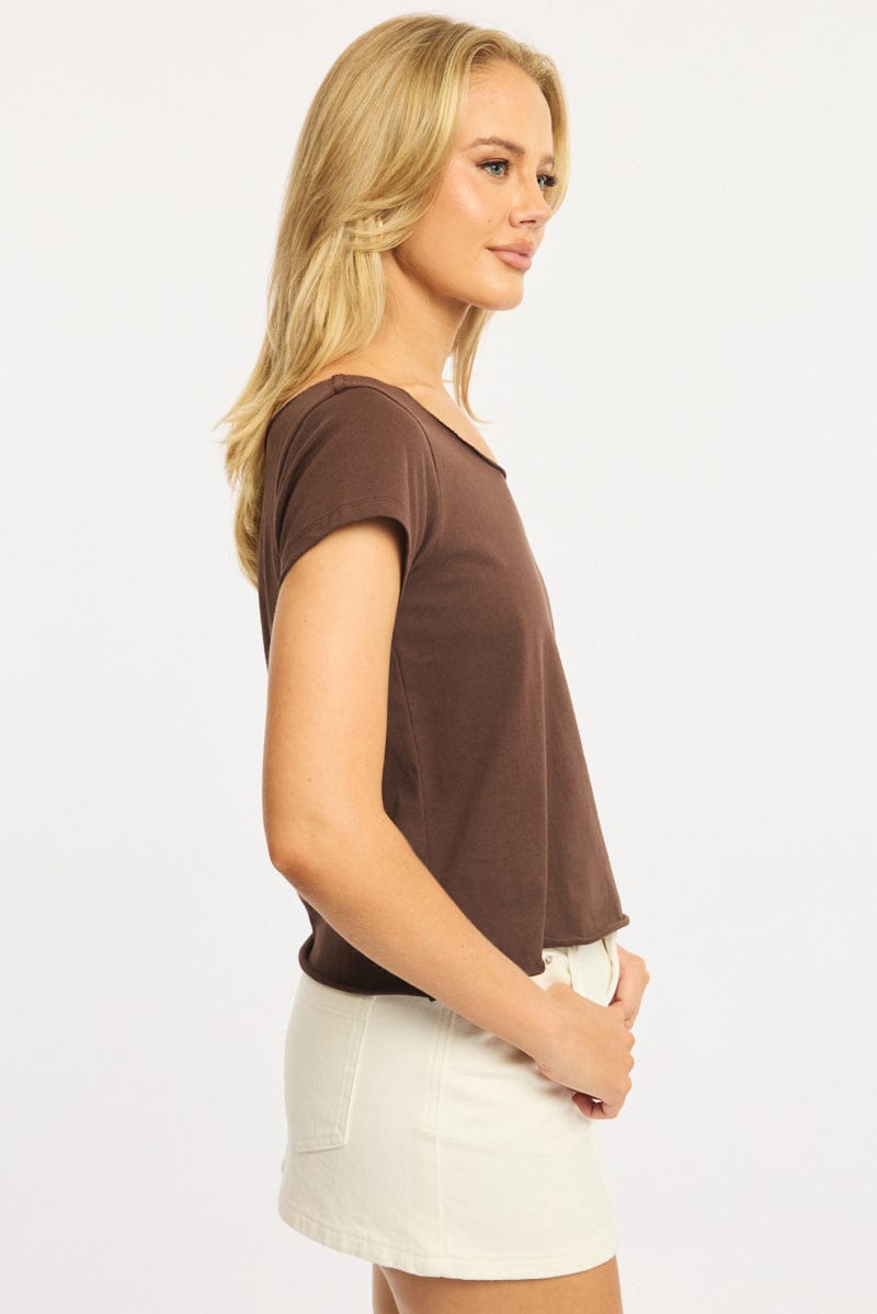 Brown Off Shoulder T-Shirt Short Sleeve
